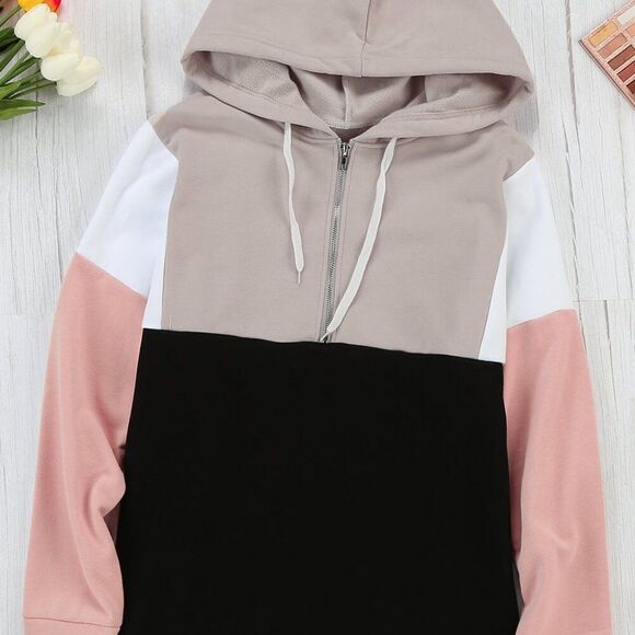 Hoodie Sweater Sweatshirt pink cotton color block quarter zip pullover - Picture 5 of 16